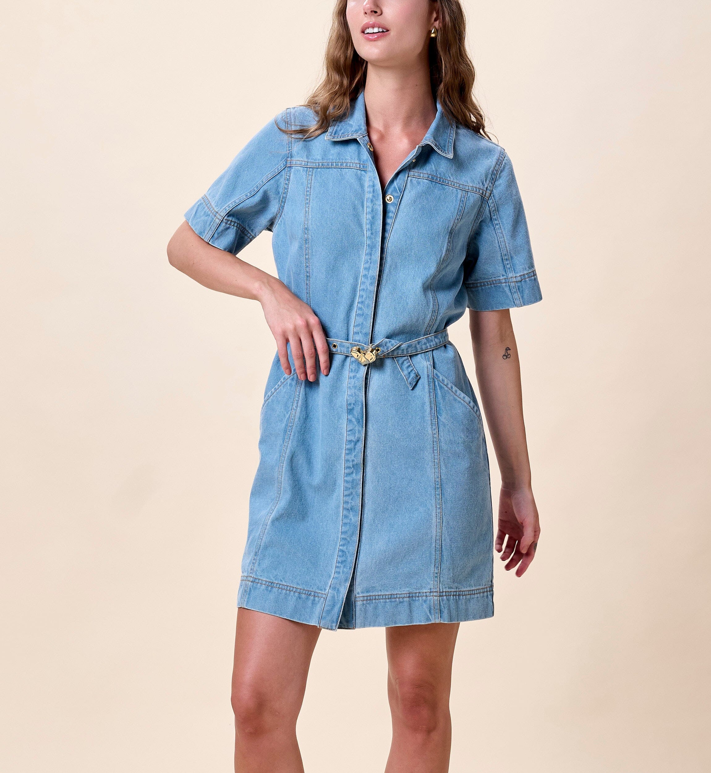 jeans dresses for women Tiana B Denim Ruffle Neck Flutter Sleeve Dress - Denim Length 87 cm Tmoyzq Denim Shirt Dress for